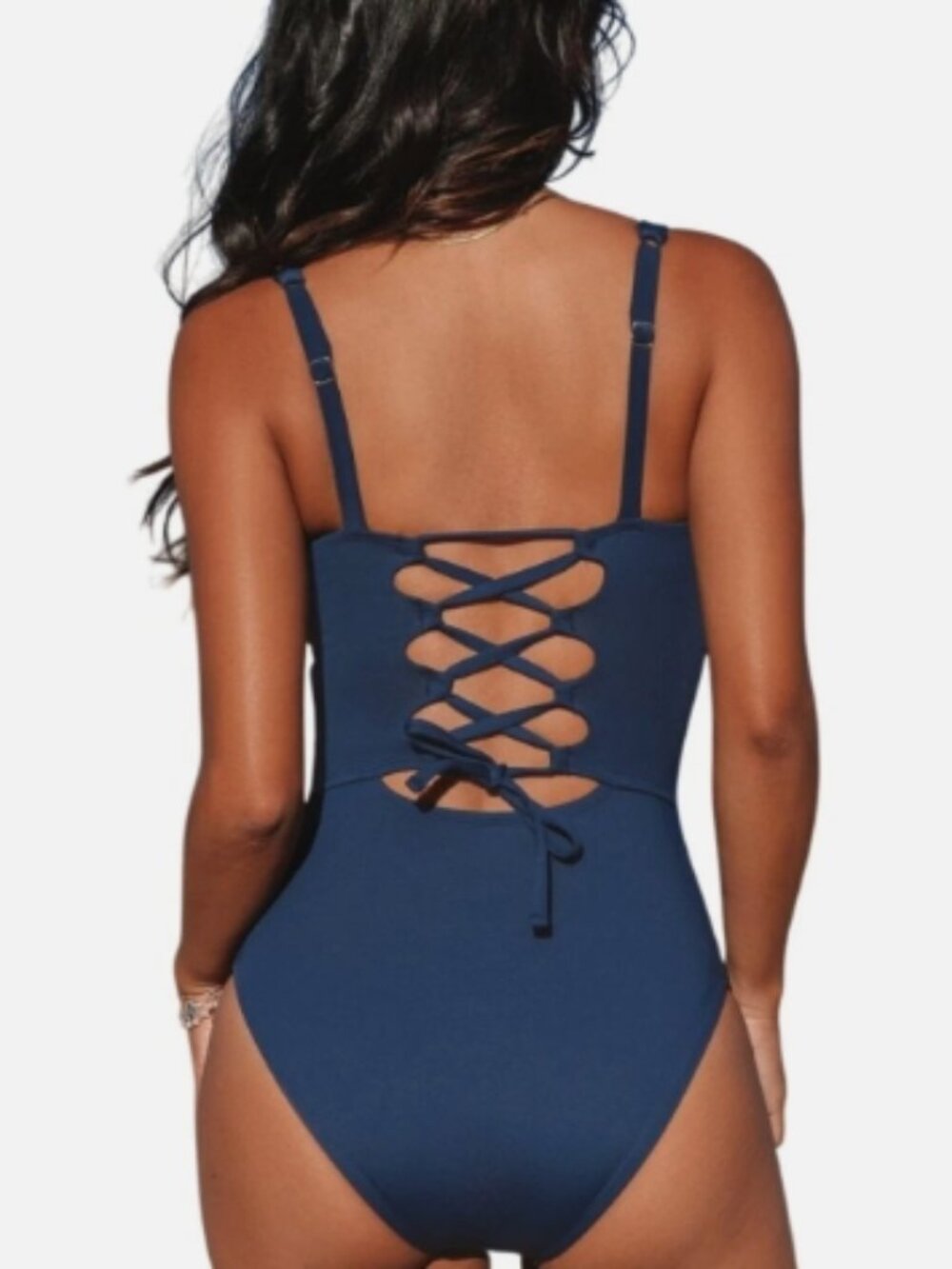 Cupshe Women’s Navy Blue Square Neck, Lace up Back, Slim & Sculpt Swimsuit, M